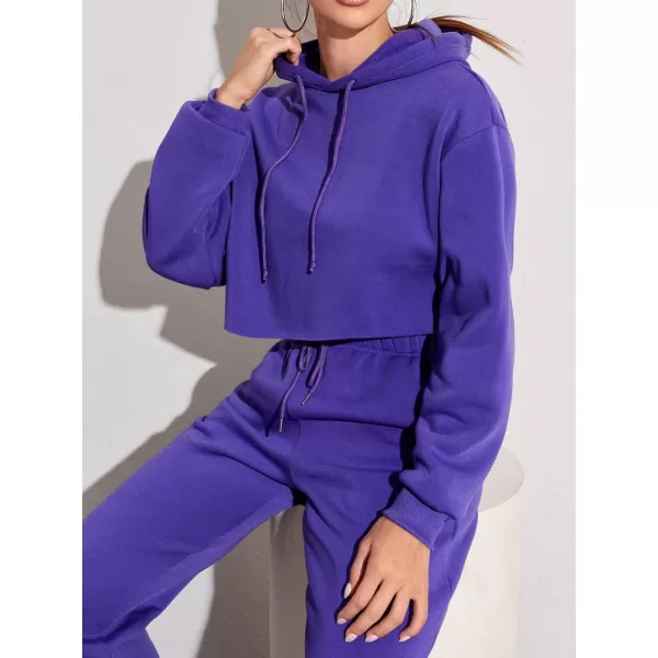 chouyatou Womens 2 Piece Outfits Drawstring Sweatsuits Crop Sweatshirt Hoodie High Waist Jogger Pants Sweatpants SetsPurple