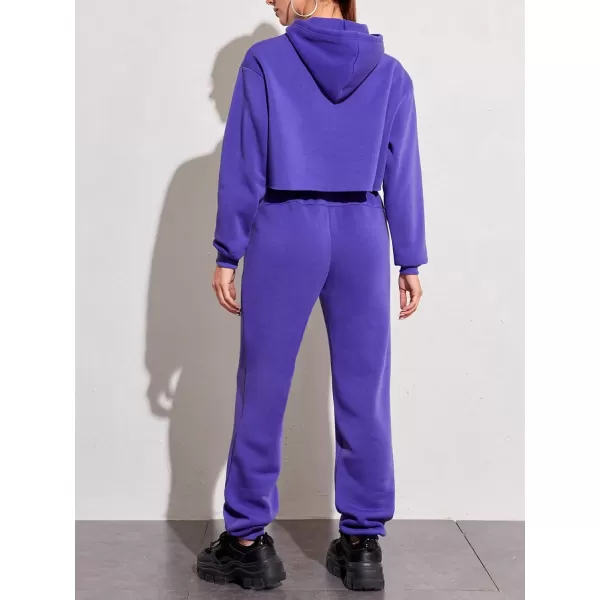 chouyatou Womens 2 Piece Outfits Drawstring Sweatsuits Crop Sweatshirt Hoodie High Waist Jogger Pants Sweatpants SetsPurple