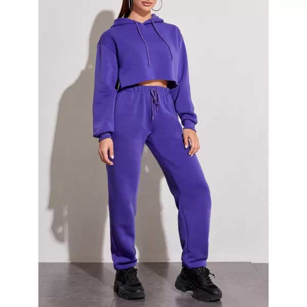 chouyatou Womens 2 Piece Outfits Drawstring Sweatsuits Crop Sweatshirt Hoodie High Waist Jogger Pants Sweatpants SetsPurple