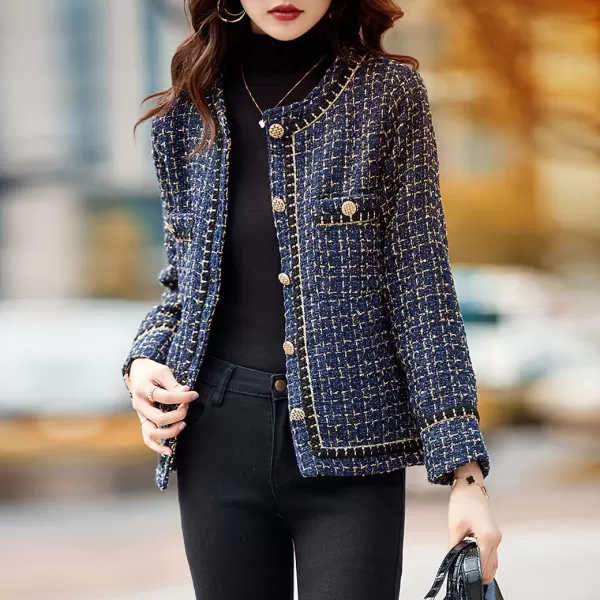 chouyatou Womens Fall Elegant Business Casual Plaid Tweed Blazer Jacket Open Front Dressy Tweed Suit TopDark Blue