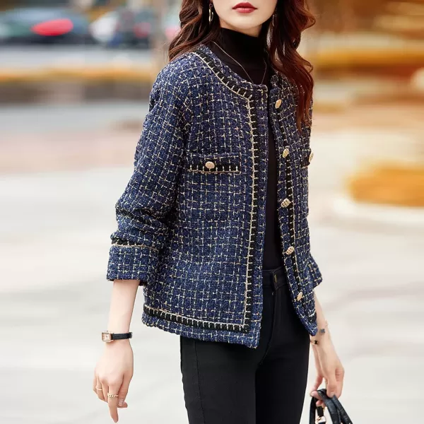 chouyatou Womens Fall Elegant Business Casual Plaid Tweed Blazer Jacket Open Front Dressy Tweed Suit TopDark Blue