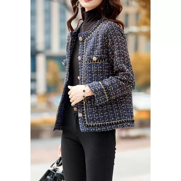 chouyatou Womens Fall Elegant Business Casual Plaid Tweed Blazer Jacket Open Front Dressy Tweed Suit TopDark Blue