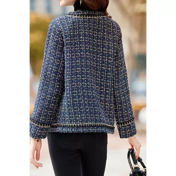 chouyatou Womens Fall Elegant Business Casual Plaid Tweed Blazer Jacket Open Front Dressy Tweed Suit TopDark Blue
