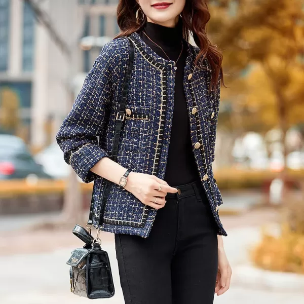 chouyatou Womens Fall Elegant Business Casual Plaid Tweed Blazer Jacket Open Front Dressy Tweed Suit TopDark Blue