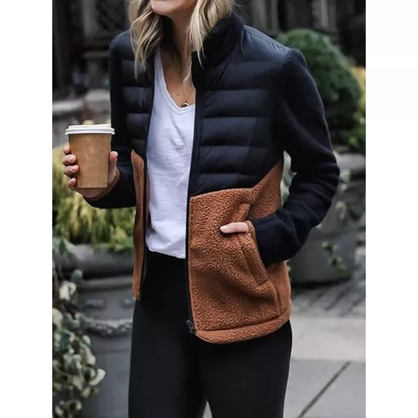 chouyatou Womens Lightweight Cotton Padded Fuzzy Sherpa Spliced Winter Jacket CoatBlack