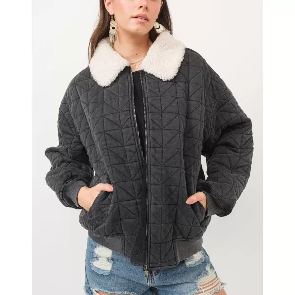 chouyatou Womens Winter Fur Collar Lightweight Quilted Jacket Bomber Zip Oversized Down Puffer JacketBlack