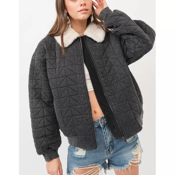 chouyatou Womens Winter Fur Collar Lightweight Quilted Jacket Bomber Zip Oversized Down Puffer JacketBlack