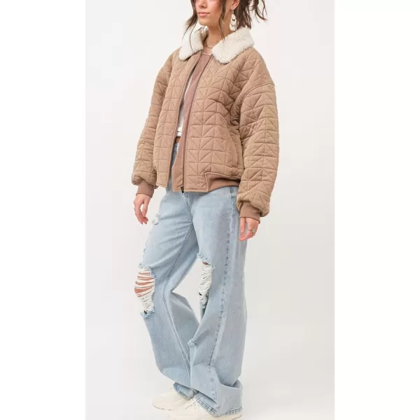 chouyatou Womens Winter Fur Collar Lightweight Quilted Jacket Bomber Zip Oversized Down Puffer JacketKhaki