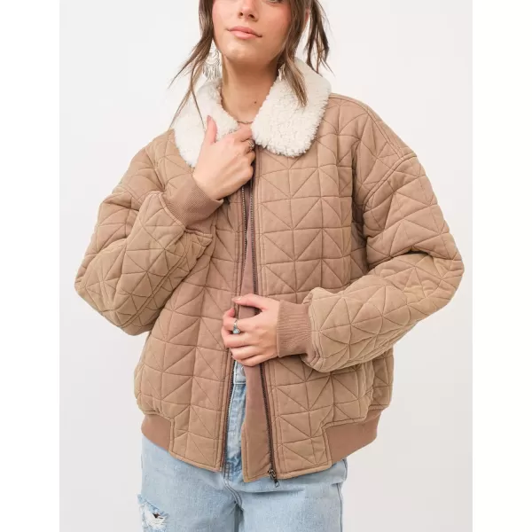 chouyatou Womens Winter Fur Collar Lightweight Quilted Jacket Bomber Zip Oversized Down Puffer JacketKhaki