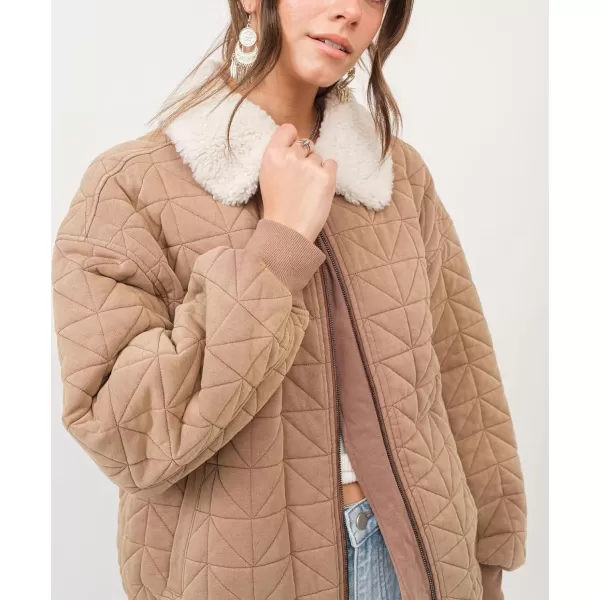 chouyatou Womens Winter Fur Collar Lightweight Quilted Jacket Bomber Zip Oversized Down Puffer JacketKhaki