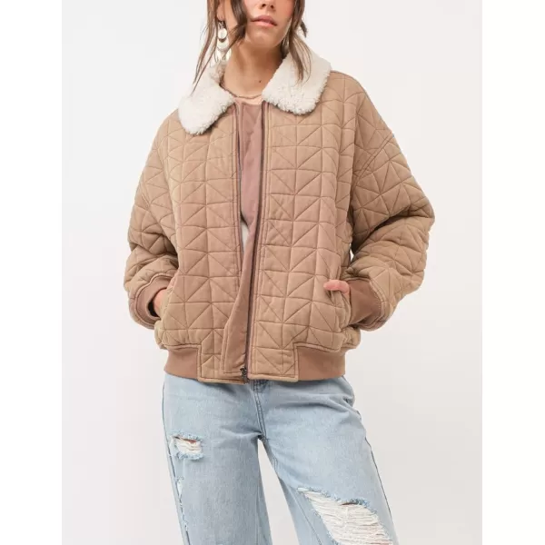 chouyatou Womens Winter Fur Collar Lightweight Quilted Jacket Bomber Zip Oversized Down Puffer JacketKhaki