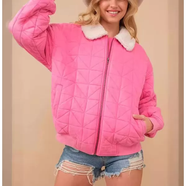 chouyatou Womens Winter Fur Collar Lightweight Quilted Jacket Bomber Zip Oversized Down Puffer JacketPink