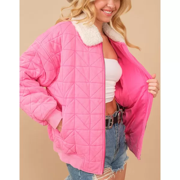 chouyatou Womens Winter Fur Collar Lightweight Quilted Jacket Bomber Zip Oversized Down Puffer JacketPink