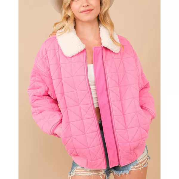 chouyatou Womens Winter Fur Collar Lightweight Quilted Jacket Bomber Zip Oversized Down Puffer JacketPink