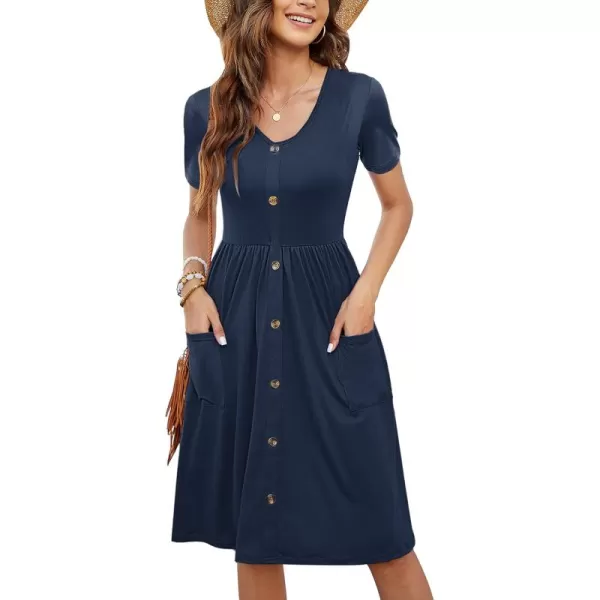MOLERANI Women Summer Casual Short Sleeve Dresses Button Down Skater Dress with PocketsNavy Blue