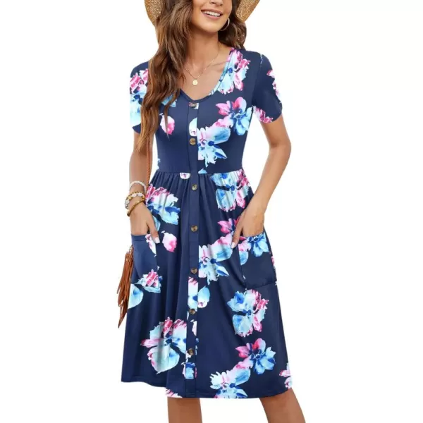 MOLERANI Women Summer Casual Short Sleeve Dresses Button Down Skater Dress with PocketsNavy Pink Flower