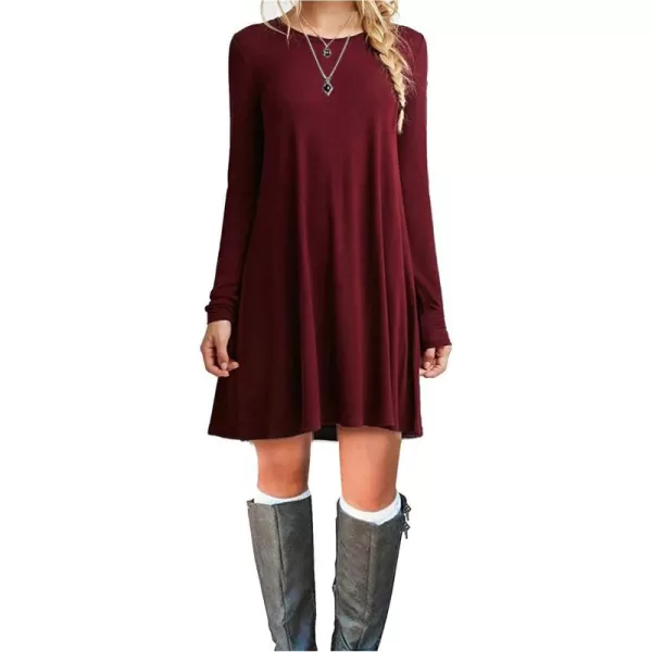 MOLERANI Womens Casual Plain Simple Long Sleeve TShirt Loose Dress13wine Red
