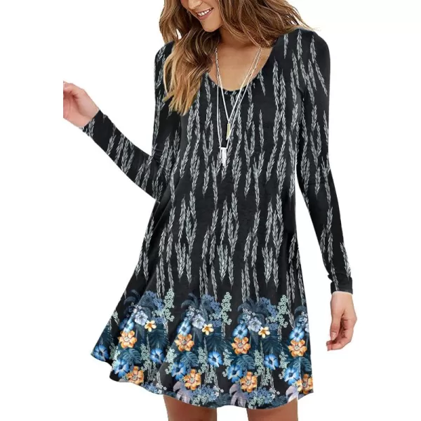 MOLERANI Womens Long Sleeve Casual Swing Simple TShirt Loose DressBlack Blue Flower