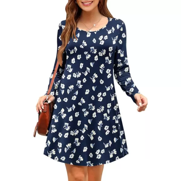 MOLERANI Womens Long Sleeve Casual Swing Simple TShirt Loose DressFloral Navy