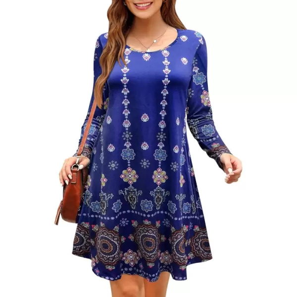MOLERANI Womens Long Sleeve Casual Swing Simple TShirt Loose DressNavy Boho Floral