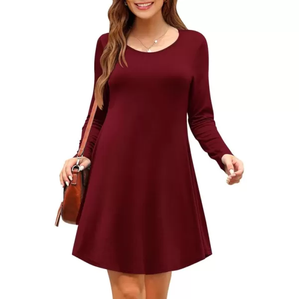MOLERANI Womens Long Sleeve Casual Swing Simple TShirt Loose DressWine Red