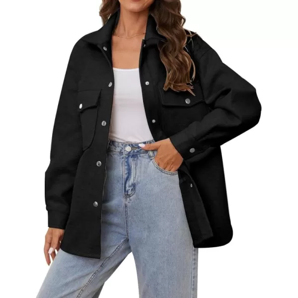 OSTOO Womens 2024 Oversized Lightweight Long Sleeves Shacket Jacket Button Down Wool Blend Coats with PocketsBlack