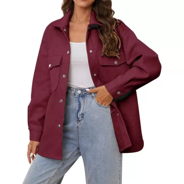 OSTOO Womens 2024 Oversized Lightweight Long Sleeves Shacket Jacket Button Down Wool Blend Coats with PocketsBurgundy