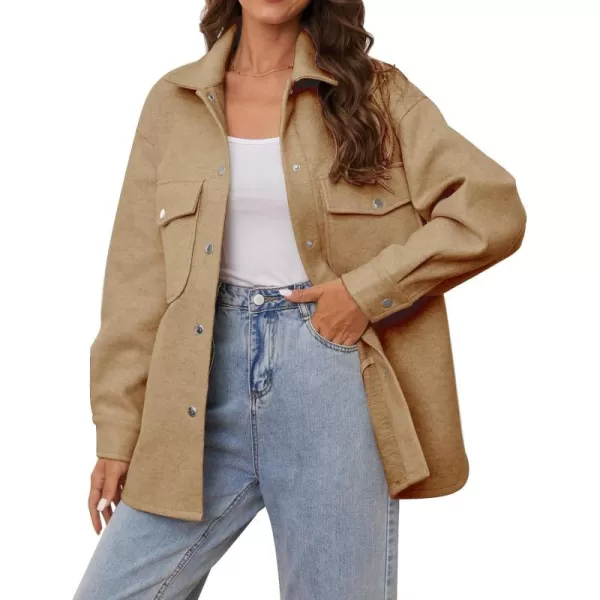 OSTOO Womens 2024 Oversized Lightweight Long Sleeves Shacket Jacket Button Down Wool Blend Coats with PocketsCamel
