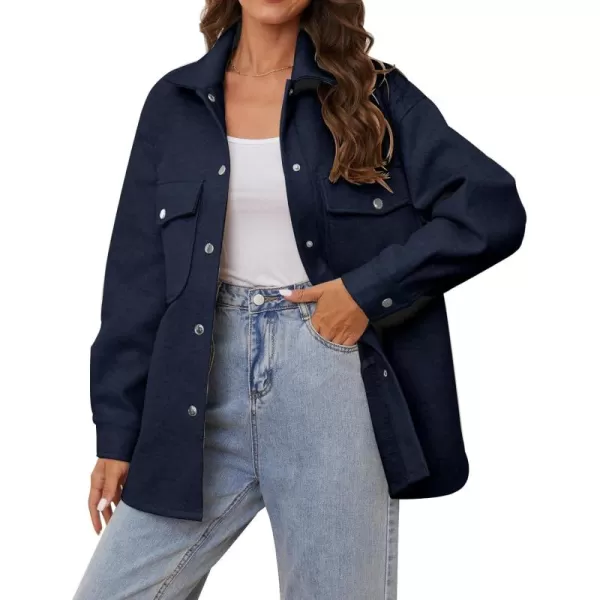 OSTOO Womens 2024 Oversized Lightweight Long Sleeves Shacket Jacket Button Down Wool Blend Coats with PocketsNavy
