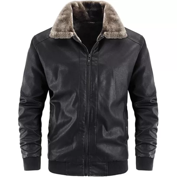 chouyatou Mens Casual Fur Collar Sherpa Lined Winter Faux Leather Bomber JacketBlack