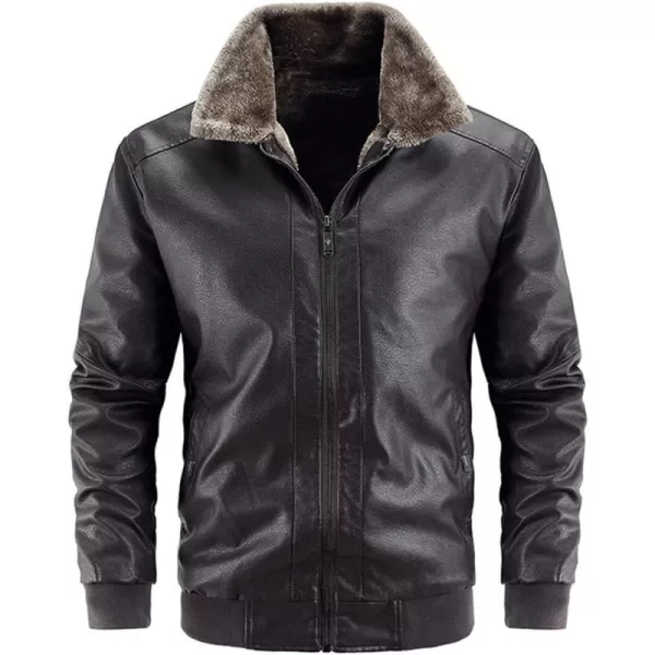 chouyatou Mens Casual Fur Collar Sherpa Lined Winter Faux Leather Bomber JacketCoffee