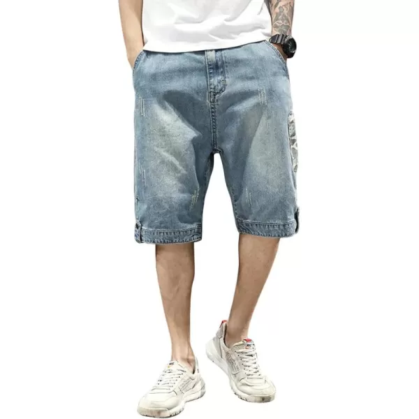chouyatou Mens Knee Length Camouflage Patch Splicing Summer Jean Shorts 42 Blue