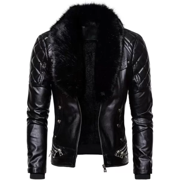 chouyatou Mens Removable Fur Collar Sherpa Lined Steampunk Faux Leather JacketBlack