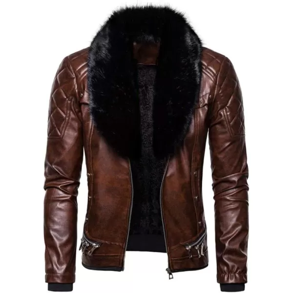 chouyatou Mens Removable Fur Collar Sherpa Lined Steampunk Faux Leather JacketBrown