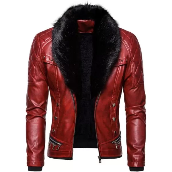 chouyatou Mens Removable Fur Collar Sherpa Lined Steampunk Faux Leather JacketRed