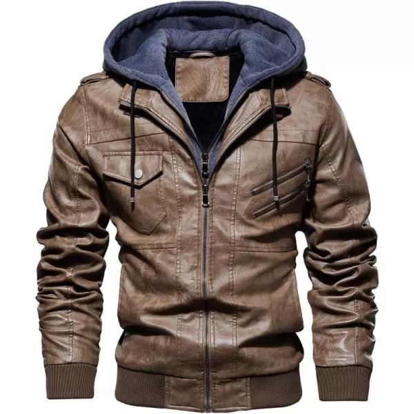 chouyatou Mens Vintage Removable Hooded Slim Motorcycle Faux Leather Bomber JacketKhaki