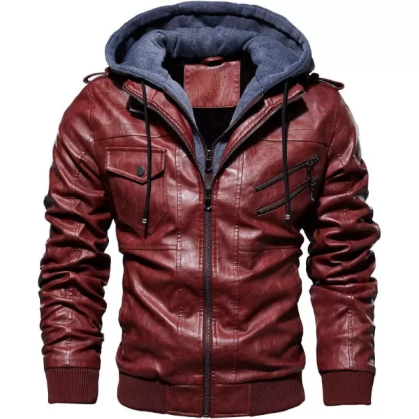 chouyatou Mens Vintage Removable Hooded Slim Motorcycle Faux Leather Bomber JacketWine