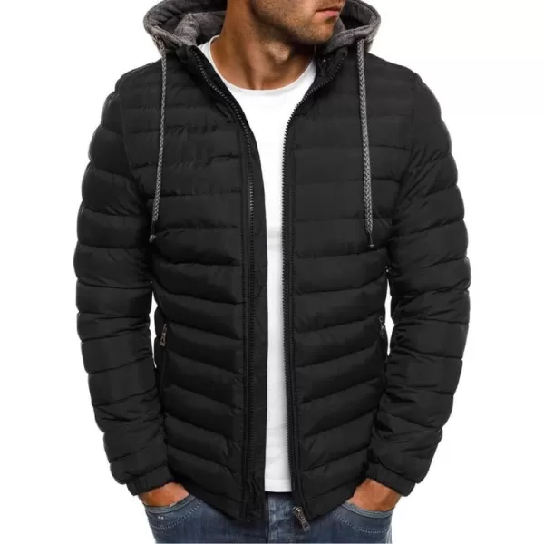 chouyatou Mens Winter Full Zipper Drawstring Hooded Thermal Puffy Jacket Outdoor Sports Coat OutwearBlack