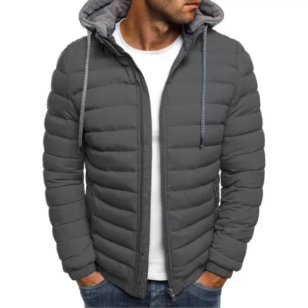 chouyatou Mens Winter Full Zipper Drawstring Hooded Thermal Puffy Jacket Outdoor Sports Coat OutwearGray