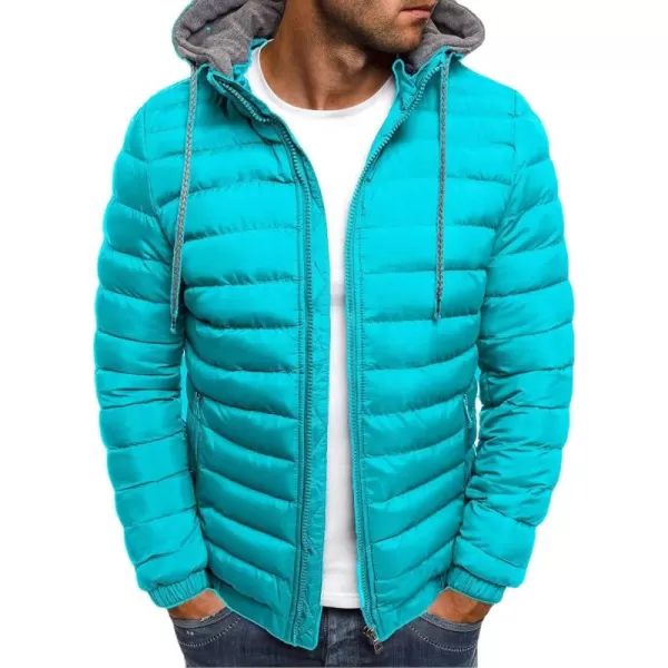 chouyatou Mens Winter Full Zipper Drawstring Hooded Thermal Puffy Jacket Outdoor Sports Coat OutwearLight Blue