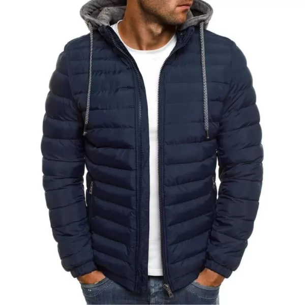chouyatou Mens Winter Full Zipper Drawstring Hooded Thermal Puffy Jacket Outdoor Sports Coat OutwearNavy