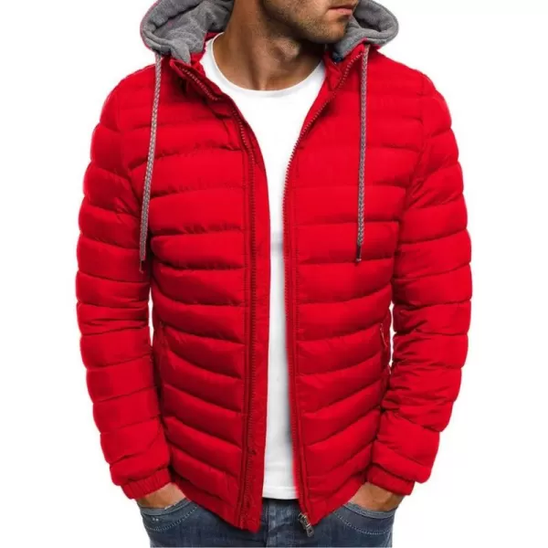 chouyatou Mens Winter Full Zipper Drawstring Hooded Thermal Puffy Jacket Outdoor Sports Coat OutwearRed
