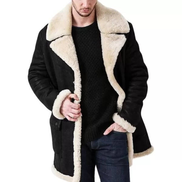 chouyatou Mens Winter Sherpa Fleece Notched Lapel Single Breasted Faux Suede Leather Trucker Jacket Trench CoatBlack