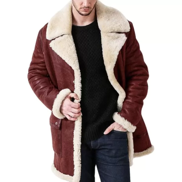 chouyatou Mens Winter Sherpa Fleece Notched Lapel Single Breasted Faux Suede Leather Trucker Jacket Trench CoatWine Red