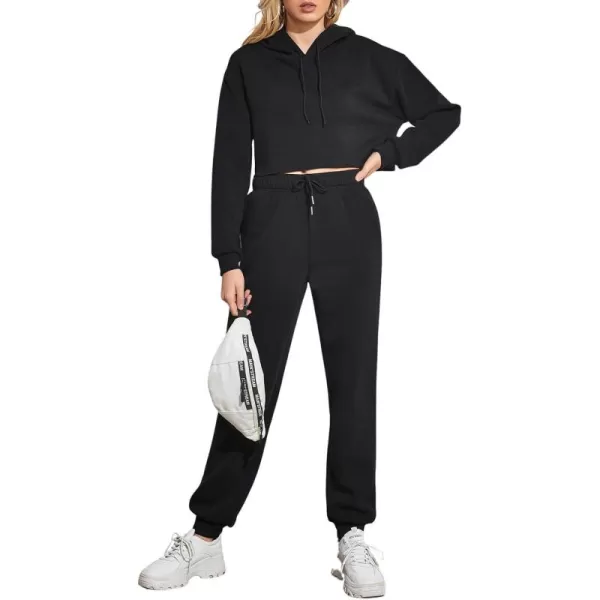 chouyatou Womens 2 Piece Outfits Drawstring Sweatsuits Crop Sweatshirt Hoodie High Waist Jogger Pants Sweatpants SetsBlack