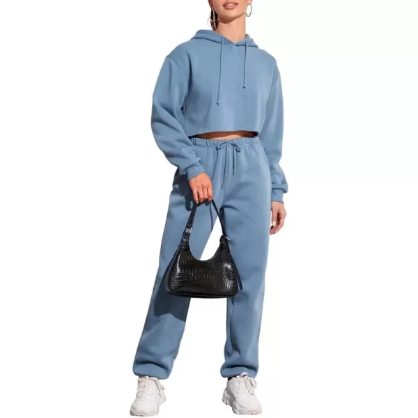 chouyatou Womens 2 Piece Outfits Drawstring Sweatsuits Crop Sweatshirt Hoodie High Waist Jogger Pants Sweatpants SetsBlue