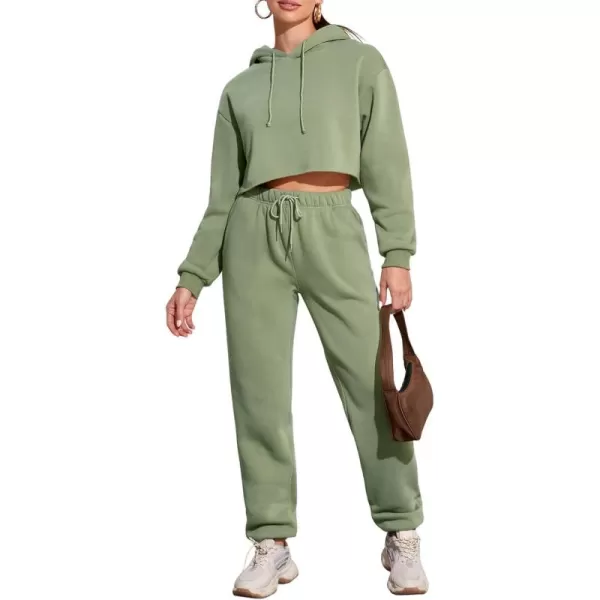 chouyatou Womens 2 Piece Outfits Drawstring Sweatsuits Crop Sweatshirt Hoodie High Waist Jogger Pants Sweatpants SetsGreen
