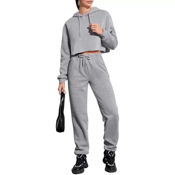 chouyatou Womens 2 Piece Outfits Drawstring Sweatsuits Crop Sweatshirt Hoodie High Waist Jogger Pants Sweatpants SetsGrey