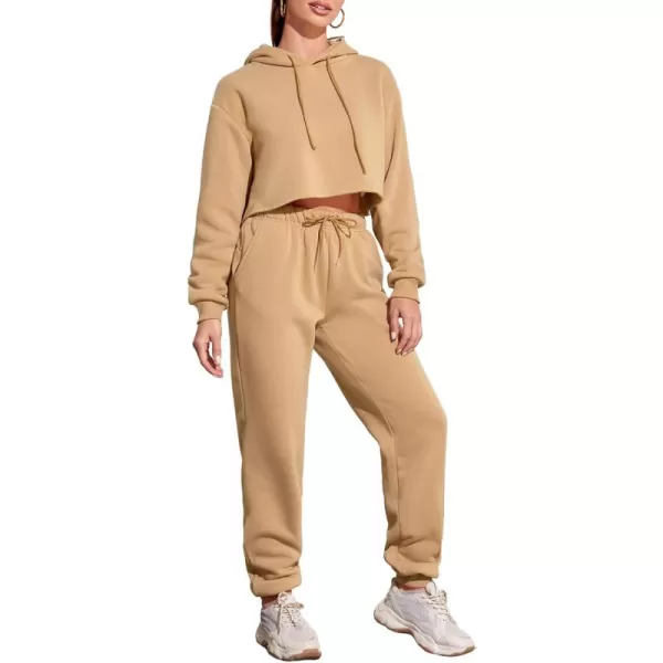 chouyatou Womens 2 Piece Outfits Drawstring Sweatsuits Crop Sweatshirt Hoodie High Waist Jogger Pants Sweatpants SetsKhaki
