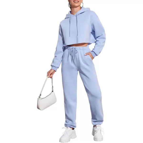 chouyatou Womens 2 Piece Outfits Drawstring Sweatsuits Crop Sweatshirt Hoodie High Waist Jogger Pants Sweatpants SetsLight Blue